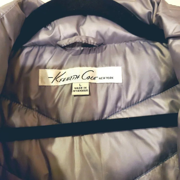 NWT Kenneth Cole Blue Gray Bib Front Zip Hooded Puffer Jacket Petrol L - Picture 11 of 16
